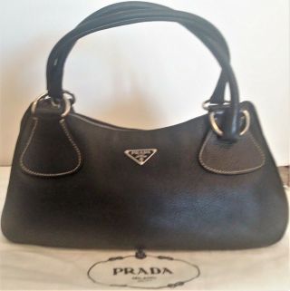 Authentic Vintage Prada Black Pebbled Leather Baguette Handbag With Dust Bag Euc