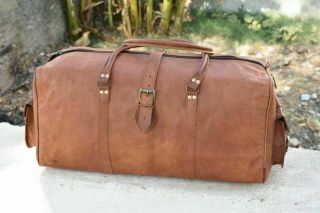 Vintage Goat Skin Leather Bag Duffel Travel Men Retro Luggage Overnight Duffle