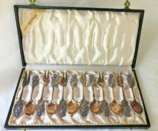 Vintage Meka Denmark Spoons Forks Silver Plate Enamel Demi - Tasse Cheese Set 12