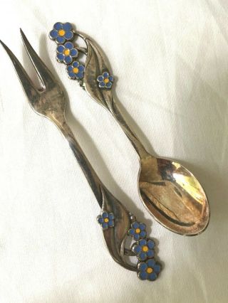 Vintage MEKA Denmark Spoons Forks Silver Plate Enamel Demi - Tasse Cheese Set 12 3