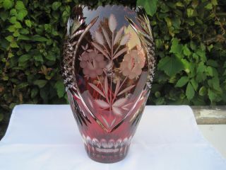 Vintage Bohemia Gold Ruby Flower Cut 24 Lead Crystal Jar Shape Vase 12 " Nib