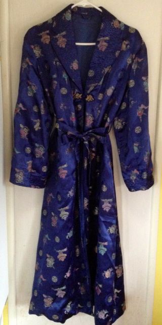 Vintage Asian Design Blue Satin Brocade Robe With Sash Belt