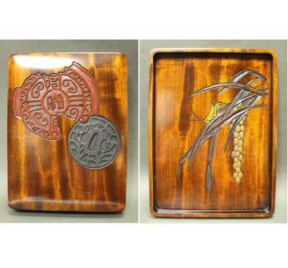 Vintage Japanese Wooden Calligraphy Box Tsuba Grasshopper Rare Japan