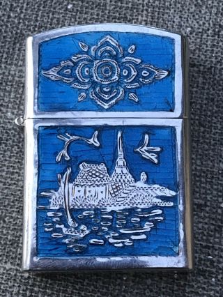 Vintage Sterling Silver & Blue Enamel Dragon Boat Siam Lighter