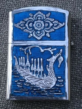 Vintage Sterling Silver & Blue Enamel Dragon Boat Siam Lighter 2
