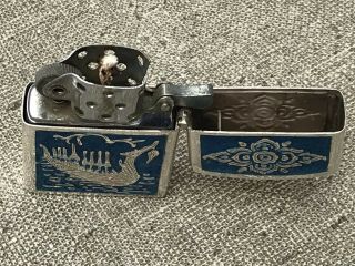 Vintage Sterling Silver & Blue Enamel Dragon Boat Siam Lighter 7