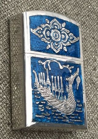 Vintage Sterling Silver & Blue Enamel Dragon Boat Siam Lighter 8