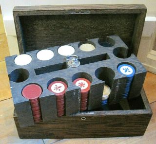 Antique Vintage 229 Clay Poker Chips In Wooden Holder & Box Old Gaming Set