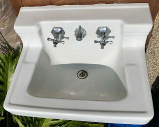 Vintage 1953 Standard White Bathroom Sink Shelf Back,  Faucets