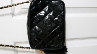 Chanel Vintage Quilted Black Patent Leather Camera Bag
