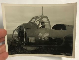 Wwii Snapshot Photograph Soldier Sitting In Crashed Ju - 88