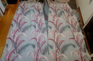 Pair Vintage Barkcloth Drapes 2 Panels Tropical Leaves & Palms Great Colors