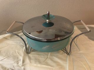 Atomic Vtg Mcm Pyrex Casserole Dish Aqua Turquoise Metal Holder Lid Wheat Design