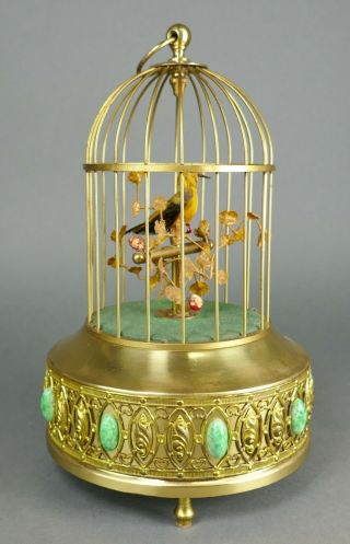 Fine Vtg German Gold Plated Glass Jeweled Bird Cage Automaton Music Box