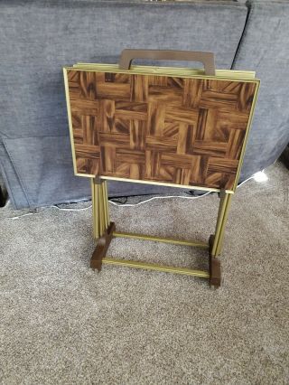 Vintage Set Of 4 Faux Woodgrain Tv Trays And Stand Mid Century Design