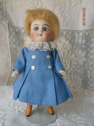 Antique Vtg Sm Bisque Doll 5.  5 " Blue Glass Sleep Eyes 208 Kestner ? Wig Swivel