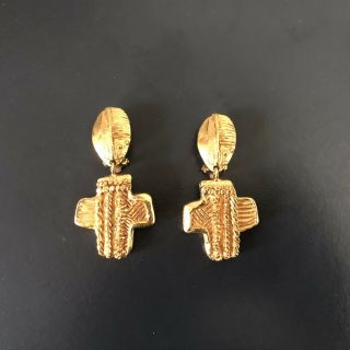 Christian Lacroix Vintage Clip On Earrings Gold Tone Dangling Textured 1990s