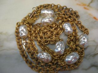 Vintage Miriam Haskell Gold Tone & Faux Baroque Pearl Chain Necklace Signed 18 "