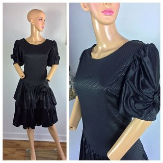 Vtg 80s Party Prom Black Shiny Satin Matrix Goth Punk Polka Dot Dress Plus L Xl