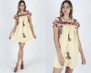 Vintage Yellow Oaxacan Dress Mexican Bright Floral Hand Embroidered Cotton Mini
