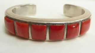 Vintage Navajo Indian Sterling & Coral Cuff Bracelet Silver Overlay By Dmy