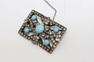 A Fine Antique Art Deco French Sterling Silver 950 Turquoise & Paste Brooch