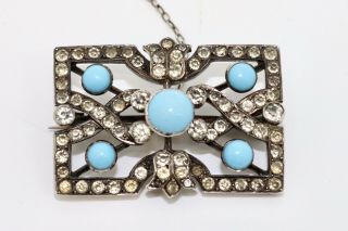 A Fine Antique Art Deco French Sterling Silver 950 Turquoise & Paste Brooch 2