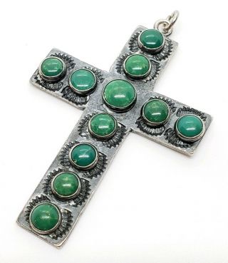 Vintage Sterling Silver Native American Green Turquoise South West Cross Pendant