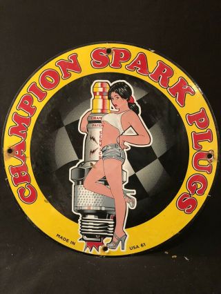Vintage Marked “61” Spark Plug Porcelain Sign Gas Station Oil Pin Up