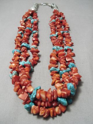 Chunky Huge Vintage Navajo Coral Turquoise Sterling Silver Necklace Old
