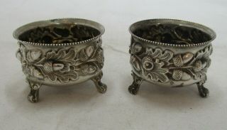 Pair Antique Victorian Sterling Silver Salt Cellars,  Thistles,  1897,  52 Grams