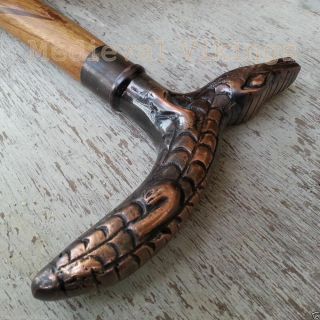 Antique Copper Brass Crocodile Handle Vintage Walking Cane Wooden Stick Handmade