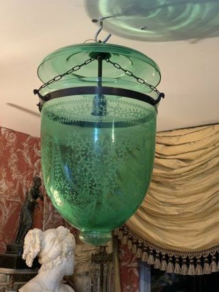 3 Vintage Hall Lantern Green/peach/purple Brass Bell Jar Ceiling Fixture