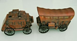 2 Vintage Metal Coin Banks Hershey National Bank,  Stagecoach & Covered Wagon