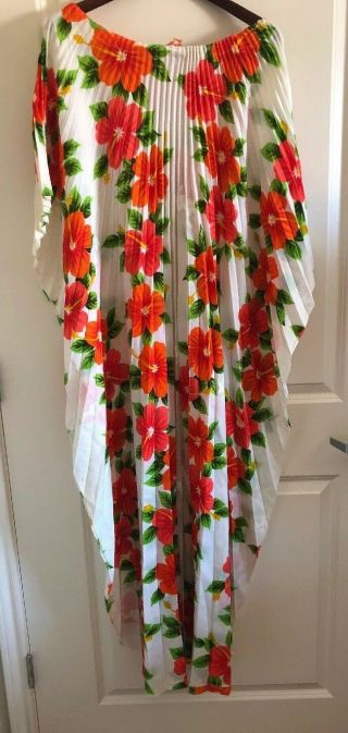 Vtg Hawaiian Kaftan Muumuu Knife Pleat Maxi Dress White Red Green Floral One Sz
