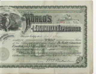 Rare 1893 Columbian Exposition Chicago World ' s Fair stock certificate 10 shares 2