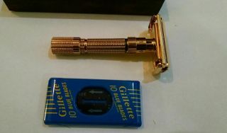 Vintage Razor - - Gillette Adjustable Gold - Plated Executive With Case & Nos Blades