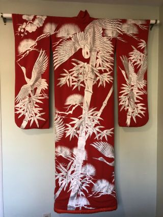 Vtg Mid - Century Japanese Uchikake Red Silver Embroidered Wedding Kimono Silk