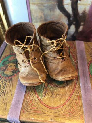 Wonderful Antique Brown Leather Doll Boots W/original Show Ties