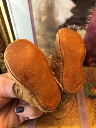 Wonderful Antique Brown Leather Doll Boots w/Original Show Ties 2