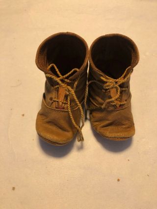 Wonderful Antique Brown Leather Doll Boots w/Original Show Ties 4