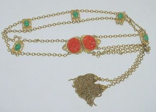 Vintage Christian Dior Gold Chain Drape Belt Faux Carved Coral &scarab Cabochons