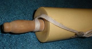 Antique Vintage Yellow Stoneware Crock Rolling Pin Collectible With Rope Hanger 2