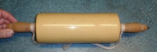 Antique Vintage Yellow Stoneware Crock Rolling Pin Collectible With Rope Hanger 5