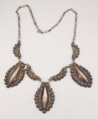 Vintage / Antique Sterling Silver Black Mother Of Pearl Filigree Necklace