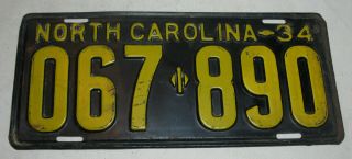 1934 North Carolina Un - Restored Vintage License Plate Number 067 890.