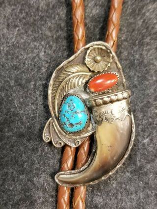 Navajo Sterling Silver Roger Francisco Bolo Tie Turquoise Carnelian Fang Vtg