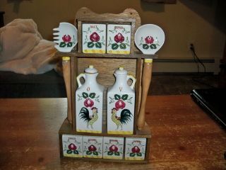 Vintage Spice Rack Salad Jar Set - - 10 Piece Roosters Oil Vinager Tools - - Japan