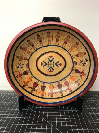 Vintage Signed Wooden Bowl Navajo Hand Painted 91’ - 11x10”