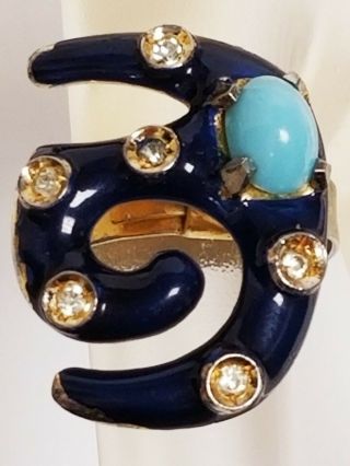 Vintage Signed Pierre Cardin Blue Enamel & Rhinestone Adjustable Logo Ring